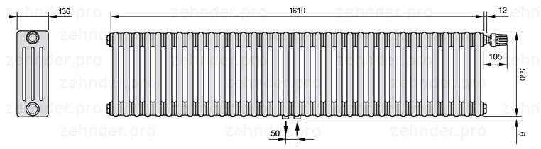 Схема (чертеж) Радиатор Zehnder Charleston 4055/35 №V008 Белый глянцевый RAL 9016